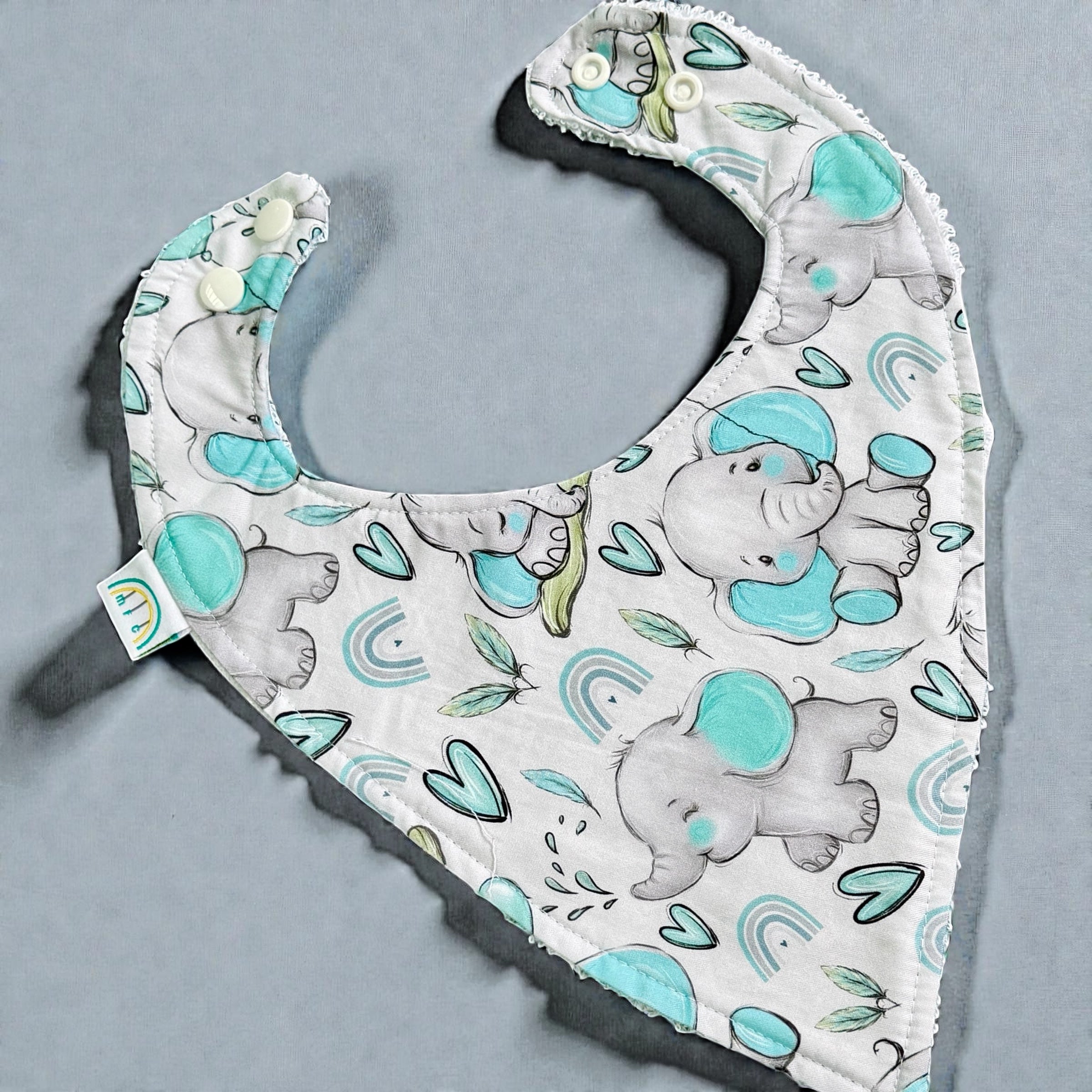 baby dribble bib with blue elephant fabric