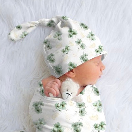 Green Floral Top Knot Beanies