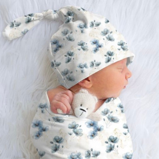 Blue Floral Top Knot Beanie