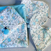 baby change mat bib and burp cloth with blue elephant with hearts and rainbows 