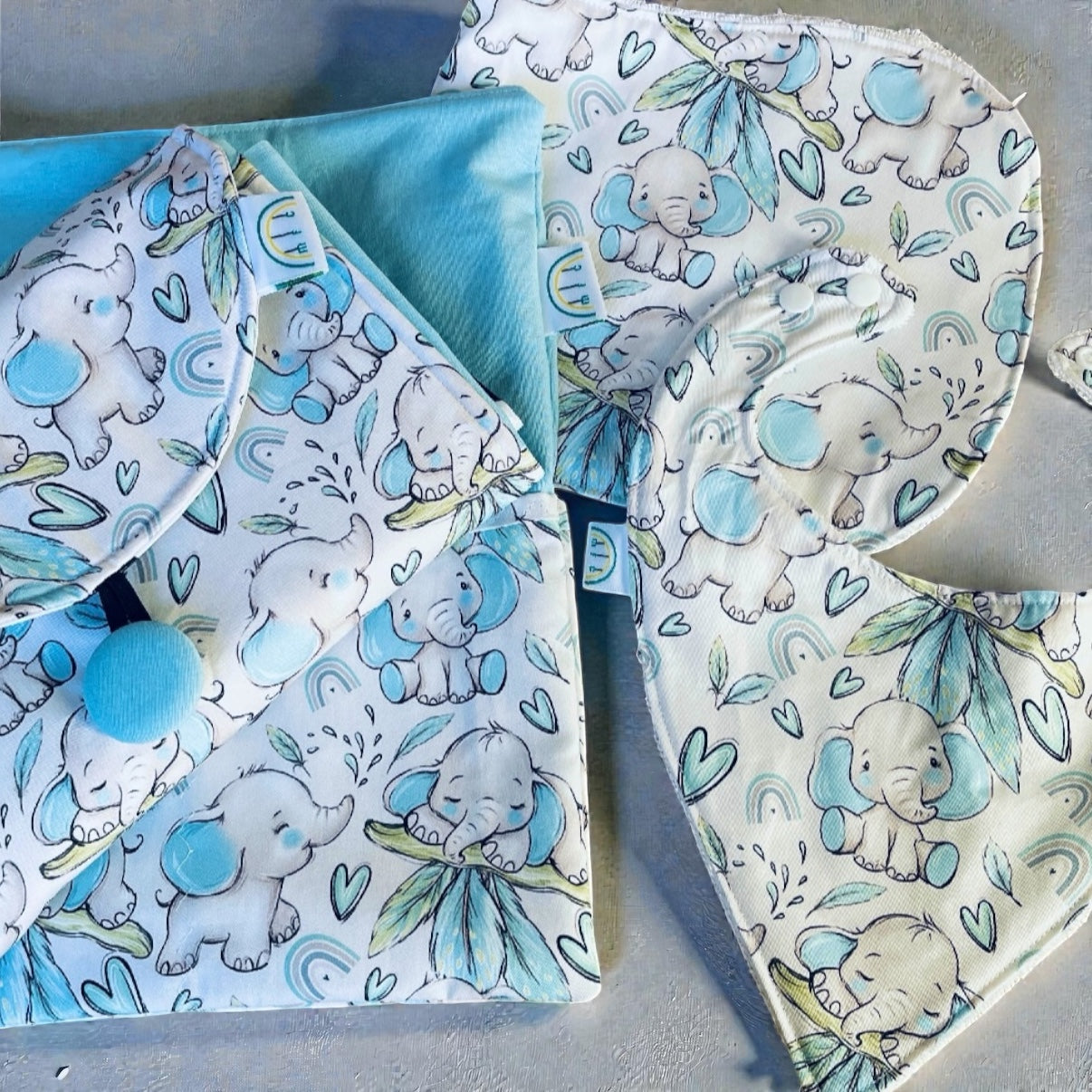 baby change mat bib and burp cloth with blue elephant with hearts and rainbows 