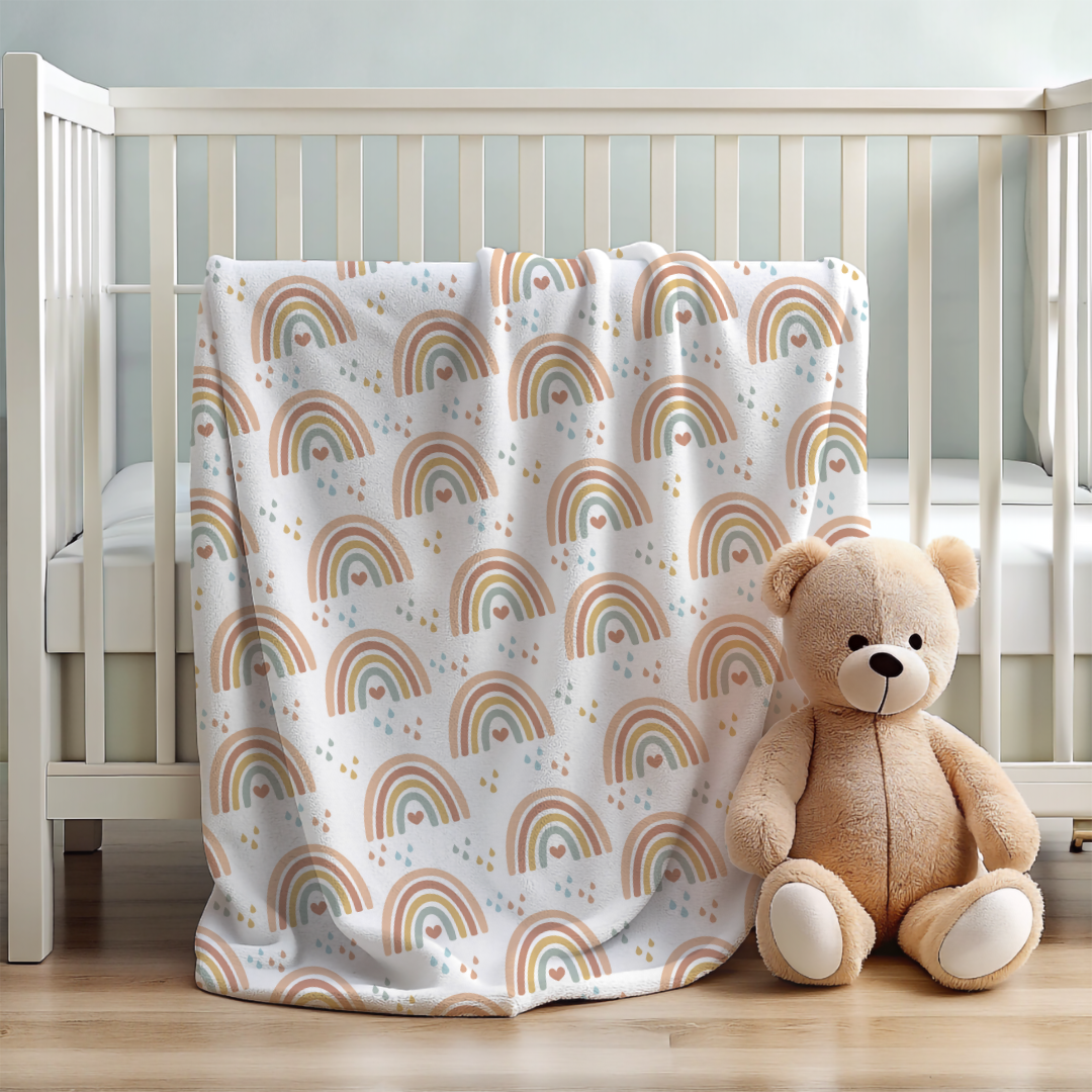 Crib with a rainbow-patterned baby swaddle and a teddy bear on a wooden floor.